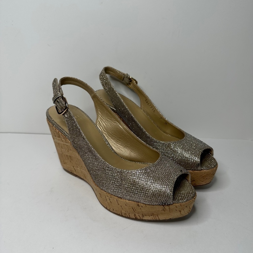 Stuart Weitzman Jean Glitter Slingback Cork Platform Sandals Women's Size 7M